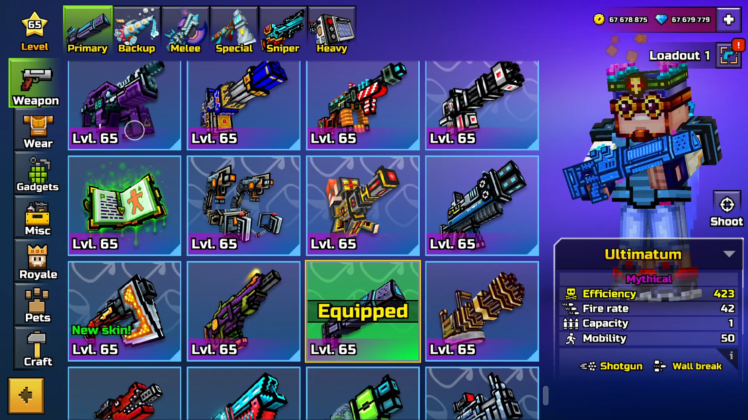 Maxed Pixel Gun 3D loadout — every weapon at Level 65